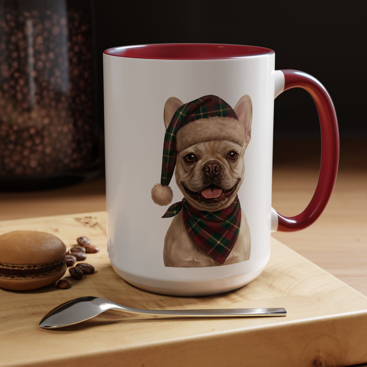 Cream Frenchie Holiday Mug | Maroon | 15oz