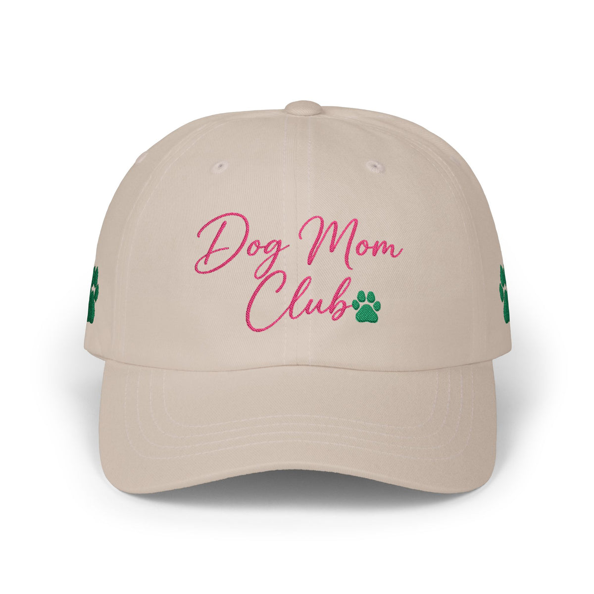 The Dog Mom Club Green Embroidered Cap Pink Logo
