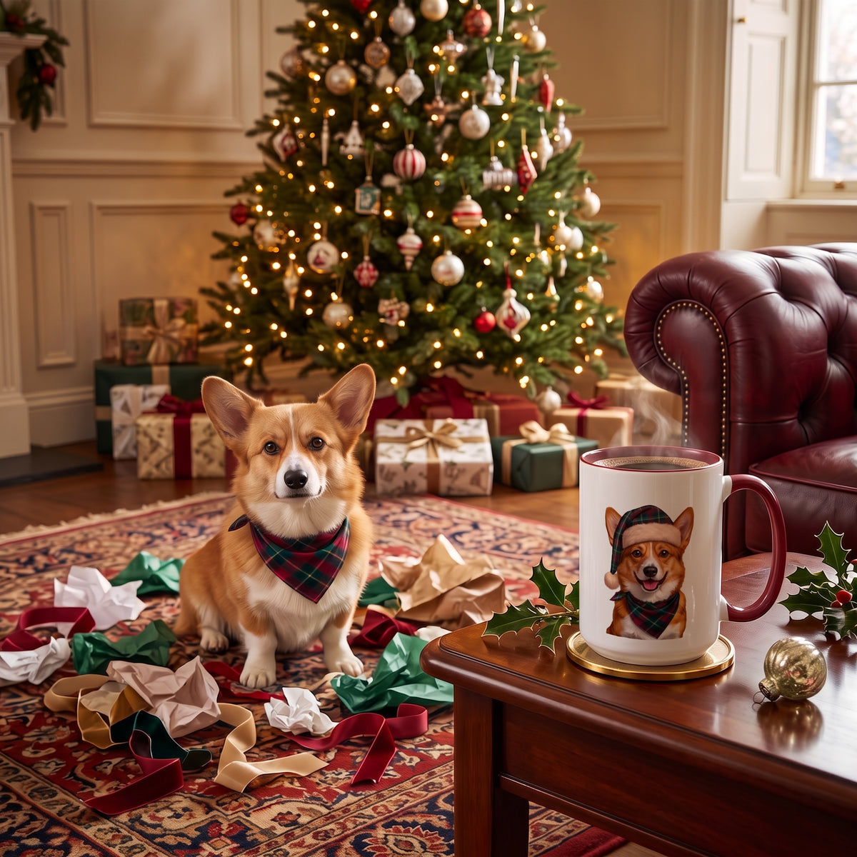 Corgi Holiday Mug | Maroon | 15oz