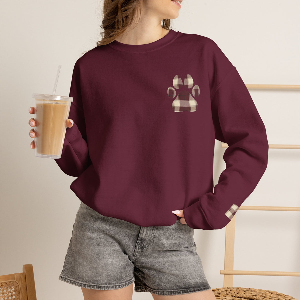 Plaid Paw Print Sweatshirt | Maroon | Country Estate Collection